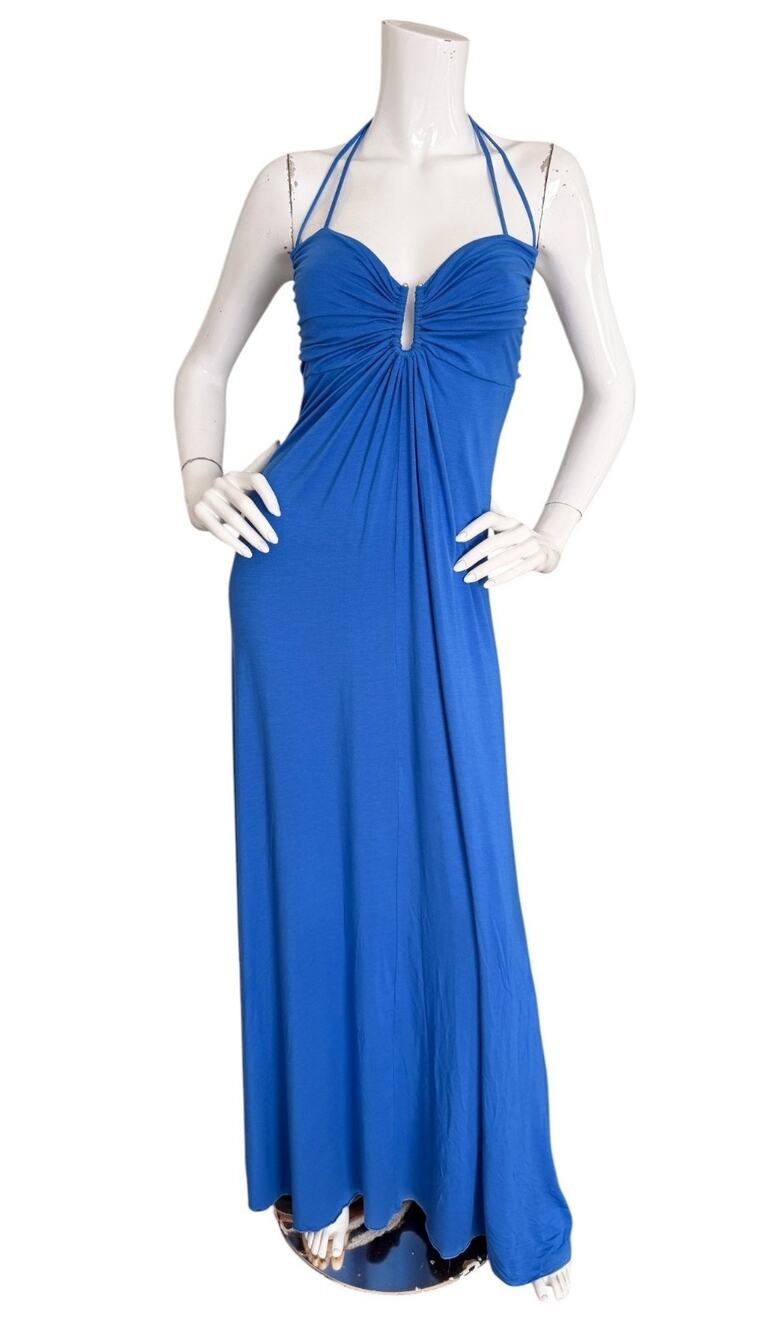 MiJo Michelle Jonas Maxi Dress Blue Jersey Keyhole Halter Vacation Resort Wear S